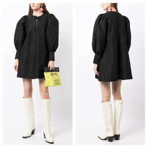 Ganni Jacquard Mini Dress Black Womens 36 Small Puff Sleeve A-Line Keyhole Party